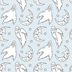 Halloween seamless pattern with cute cartoon ghosts and half moons on a pastel blue background