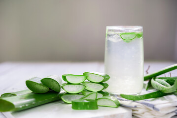 Fresh Aloe vera juice, Fresh Aloe vera water, Fresh Aloe vera Drink (Aloe barbadensis Mill.,Star cactus, Aloe, Aloin, Jafferabad or Barbados) .