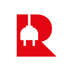 Letter R Electricity or Electrical Logo Concept with Electric Plug Vector Template