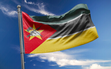 Mozambique Flag is Waving Against Blue Sky with Clouds