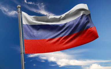 Fototapeta na wymiar Russian Flag is Waving Against Blue Sky with Clouds