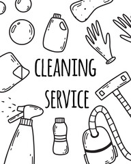 Cleaning service. House cleaning. Vector illustration. Doodle style. Cleaning service flyer. Vacuum cleaner, spray and bubbles.