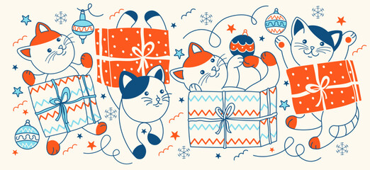 Doodle Draw funny vector character - cat as christmas gift. Christmas or New year party concept. Korean cartoon style.