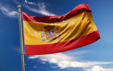 Spanish Flag is Waving Against Blue Sky with Clouds