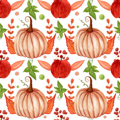 Watercolor autumn pattern, colorful pumpkin, berries, apple and leaves on white background. Thanksgiving, harvest etc.