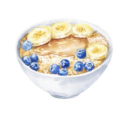 Bowl of cereal with banana and berries on white background. Food illustration.