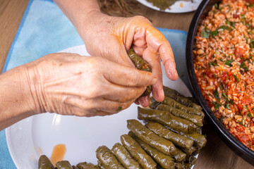 From traditional delicious Turkish food; homemade stuffed grape leaves (Yaprak sarmasi)
