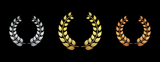 Chaplet Laurel Wreath Success Heraldry Silhouette Icon Set. Nominate Gold Bronze Silver Twig Leaf Olive Branch Reward Pictogram. Victory Achievement Emblem for Champion. Isolated Vector Illustration