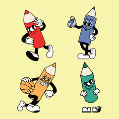 Cartoon set pencil mascot character with expression