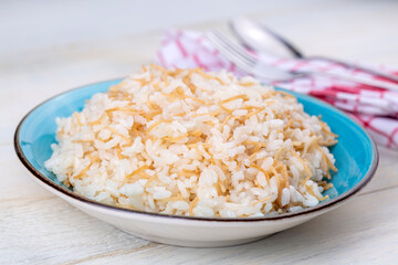 Traditional delicious Turkish food; Turkish style rice pilaf (Turkish name; Tel sehriyeli pirinc pilavi)