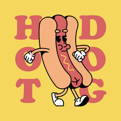 Cartoon retro hot dog character mascot