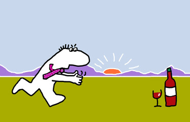 Cartoon man runs to wine glass at end of the day