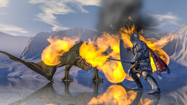 Medieval knight fights a fire-breathing dragon in the background of snowy mountains on a reflective surface of a frozen lake. 3d rendering