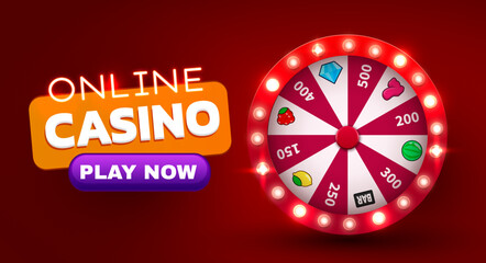 Wheel of luck or fortune. Gamble chance leisure. Colorful gambling wheel. Online casino. Web landing page template or banner for internet casino. Big win concept.