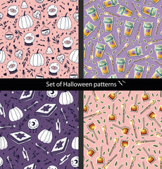 Set of Halloween seamless pattern. With pumpkin, magic ball, caramel apple, magic book, and marshmallows. Perfect for textile, wallpaper, and print.