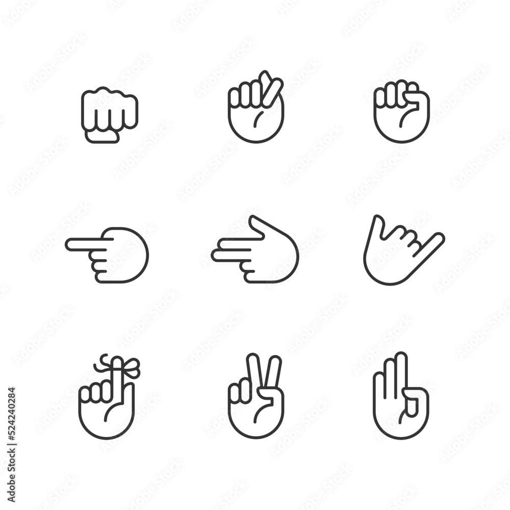 Poster visual messages by hands pixel perfect linear icons set. traditional gestures. body language informa