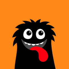 Monster black head face silhouette. Happy Halloween. Cute Funny Kawaii cartoon baby character. Eyes, teeth. Showing tongue. Smiling face. Sticker print. Boo. Flat design. Orange background.