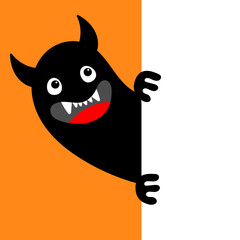 Monster peek from corner. Happy Halloween. Black head face silhouette. Cute Funny Kawaii cartoon baby character. Horns, teeth, tongue. Boo. Sticker print. Flat design. Orange background. © worldofvector