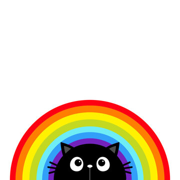 Cat and rainbow. Cute cartoon character. Valentines Day. Kawaii animal. Love Greeting card. LGBT flag color sign symbol. Sticker print. Flat design. White background. Isolated.