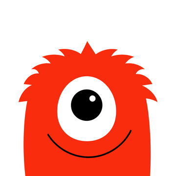 Fluffy monster red head face silhouette. Happy Halloween. Cute Funny Kawaii cartoon baby character. One eye, horn ears. Sad face. Boo. Sticker print. Flat design. White background.