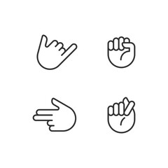 Friendly and aggressive gestures pixel perfect linear icons set. Hand positions. Body language. Customizable thin line symbols. Isolated vector outline illustrations. Editable stroke