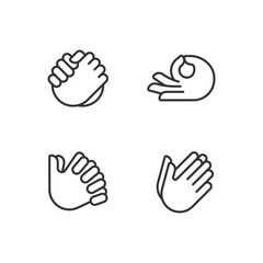 Gestures communication pixel perfect linear icons set. Hand position signals. Expression and greeting. Customizable thin line symbols. Isolated vector outline illustrations. Editable stroke