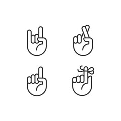 Informative hand gestures pixel perfect linear icons set. Non verbal message. Body language signals. Customizable thin line symbols. Isolated vector outline illustrations. Editable stroke