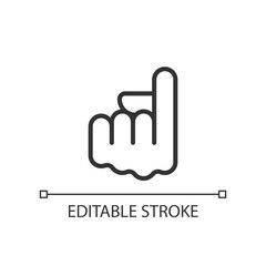Index finger pointing up pixel perfect linear icon. Upward direction. Hand gesture. Thin line illustration. Contour symbol. Vector outline drawing. Editable stroke. Arial font used