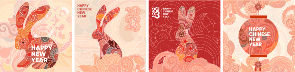 2023. Happy Chinese new year. Year of the Rabbit. Set of vector backgrounds. - obrazy, fototapety, plakaty