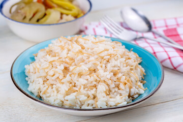 Traditional delicious Turkish food; Turkish style rice pilaf (Turkish name; Tel sehriyeli pirinc pilavi)