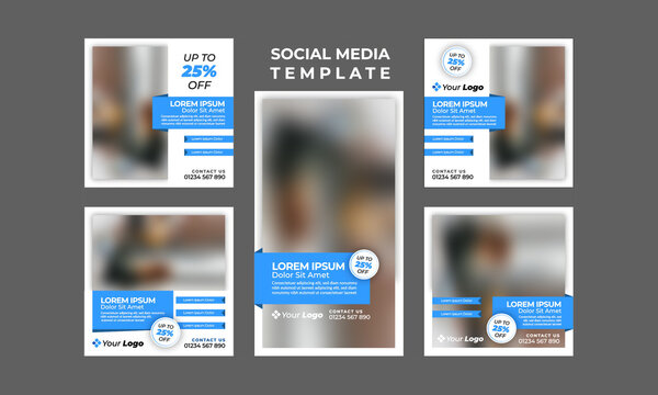 Modern, clean and elegant social media templates pack with blue background elements. Editable Instagram posts and story template for business with place for photos