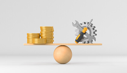 Repair cost. Gold coins and repair sign on wooden scales. 3d render illustration.