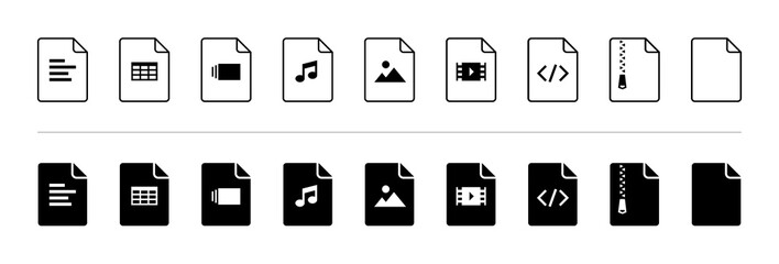 Document file type icons, black and white flat iconset
