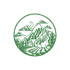 Distressed stamp illustration of campfire in the forest