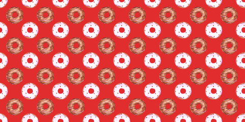 Donuts seamless pattern on a red background. Cute bakery objects on an endless print. Watercolor chocolate doughnuts illustration. Dessert wallpaper. Birthday backdrop.