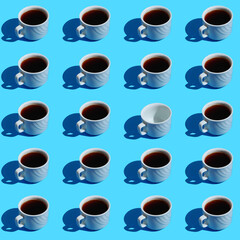 Obraz na płótnie Canvas Seamless pattern of cups full of coffee and one empty cup with hard shadows on blue background