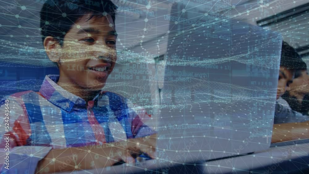 Poster animation of dots forming wave pattern and programming code over smiling asian boy using laptop