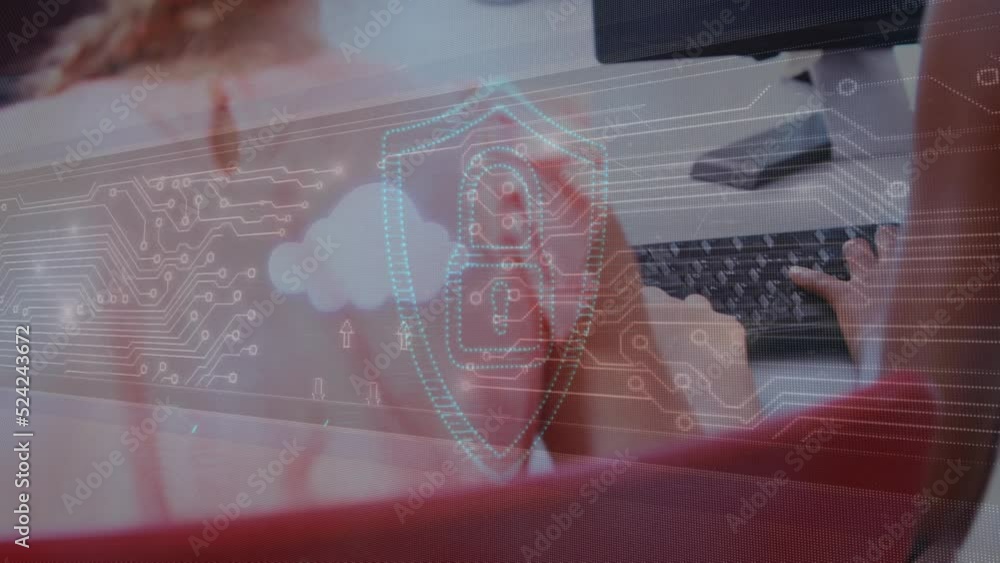Poster animation of padlock and dots connecting with lines over multiracial students using computers