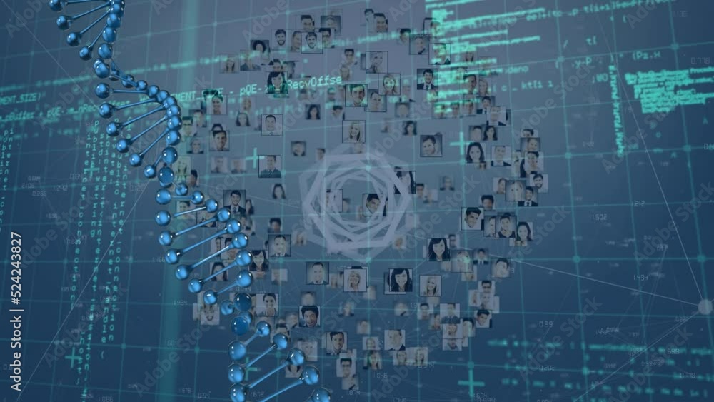 Poster animation of data processing over shapes and people icons