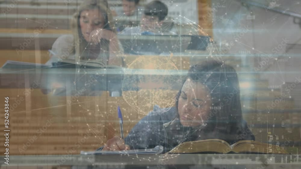 Poster animation of data processing over diverse business people using phone headsets