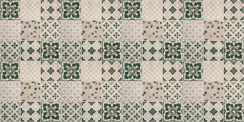 Old beige green seamless flowers leaves vintage geometric shabby mosaic ornate patchwork motif...