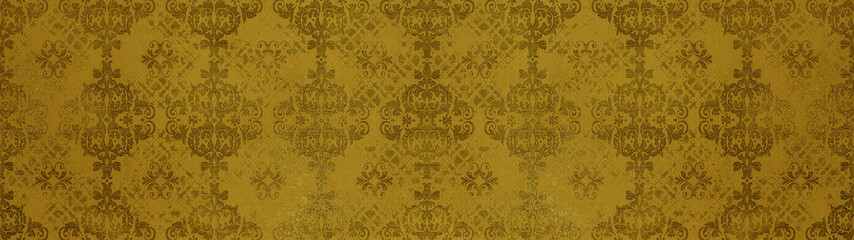 Old yellow colored retro vintage arabesque wallpaper tile wall texture background banner panorama...