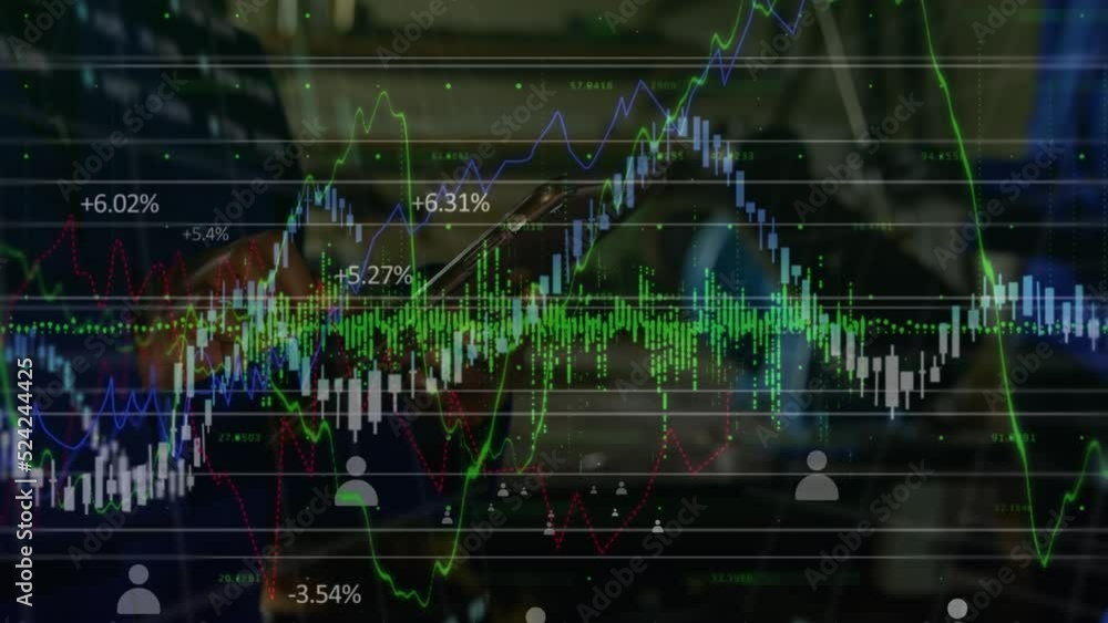 Poster animation of data processing over biracial businessman using tablet