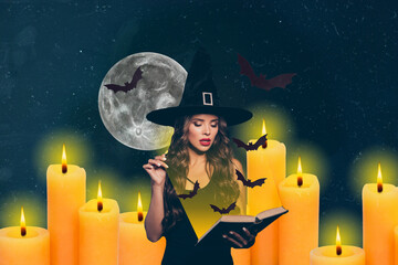 Creative collage picture of sorcerer witch girl hold magic wand read spell book big candle light...