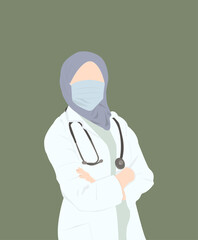 Flat simple illustration with muslim doctor with muslim headscarf in green background