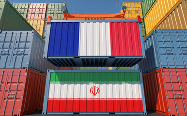 Cargo containers with France and Iran national flags. 3D Rendering