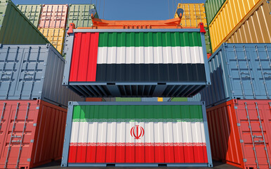 Cargo containers with United Arab Emirates and Iran national flags. 3D Rendering