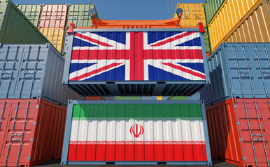 Cargo containers with Iran and United Kingdom national flags. 3D Rendering