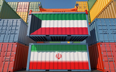 Cargo containers with Kuwait and Iran national flags. 3D Rendering