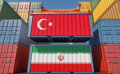 Cargo containers with Iran and Turkey national flags. 3D Rendering